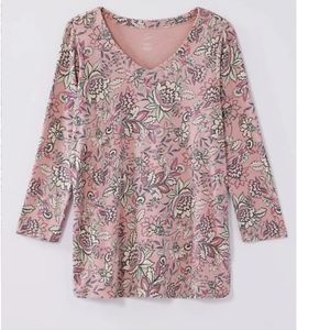 J Jill Pima 3/4-Sleeve V-Neck Tee pink tulip spirited vines XLT